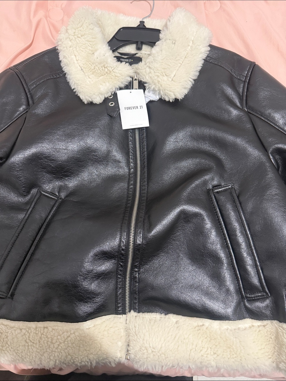 Forever 21 Black Faux Leather Teddy Jacket with Cream Shearling